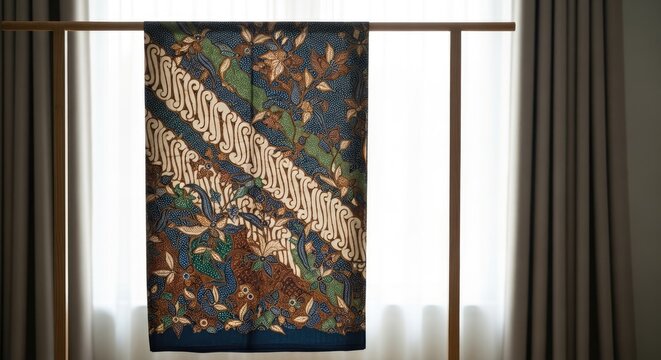Elegant Batik Fabric Displayed on Wooden Stand in Bright Room.