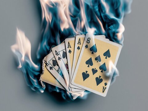Teal flames burning playing cards in a spread over a neutral grey background for dramatic game concept, fantasy advertising and gambling risk visuals with copy space