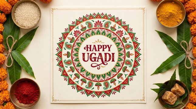 Happy Ugadi Vector Greeting Card with Traditional Mandala Rangoli, Mango Leaves, Neem, and Festival Elements
Why this works: It immediately identifies the core theme ("Happy Ugadi"), specifies the ass