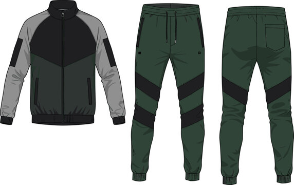 cad drawing flat vector illustration, track suit fashion sketch, athletic wear template, color block jacket pants, technical apparel design