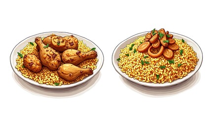 Fototapeta premium Golden Fried Chicken and Rice Platters with Almonds