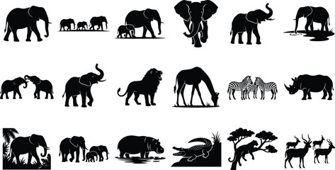 African Wildlife Silhouette Collection Featuring Elephants Lions Zebras Rhinoceros Hippopotamus Crocodile and Antelope Animals © Liton