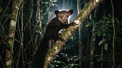 Fototapeta premium Aye Aye Primate in Madagascar Forest at Night