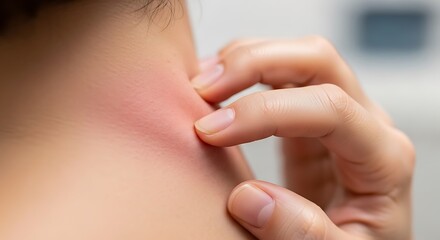 Fototapeta premium Close up of a person scratching an itchy red rash on their neck.