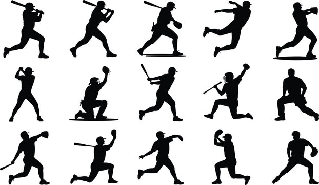 Baseball and Softball Action Silhouette Collection with Batting Pitching Catching Fielding and Player Poses