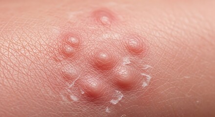 Fototapeta premium Close up of cluster of blisters on human skin showing inflammation and fluid filled vesicles.