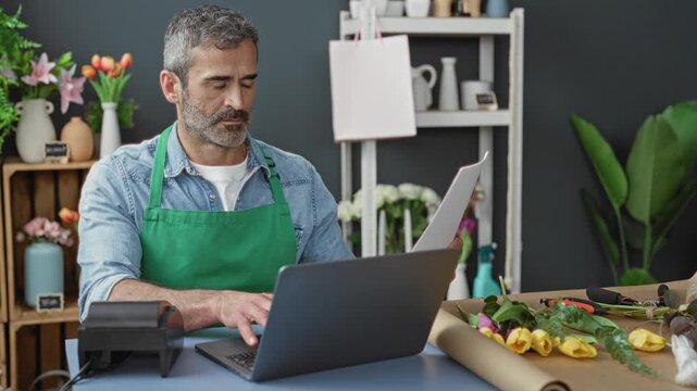 Man florist in green apron typing on laptop and holding order sheet with hands among flowers and packing tools at a shop counter inside a building; small business focus.