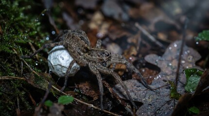 Obraz premium Wolf Spider Carrying Egg Sac in Forest Floor