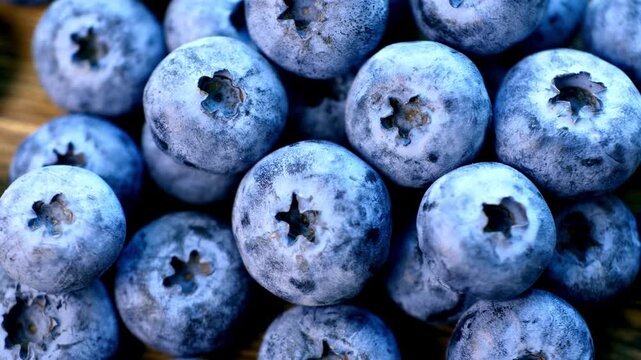 A close-up macro shot of a pile of fresh, ripe blueberries, showcasing their vibrant blue color and natural texture