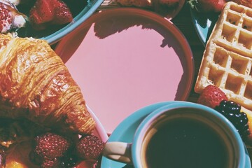 Obraz premium Pink surface copy space surrounded by a breakfast border of croissant, waffle and coffee for brunch cafe menu marketing, morning food blog and bakery social media
