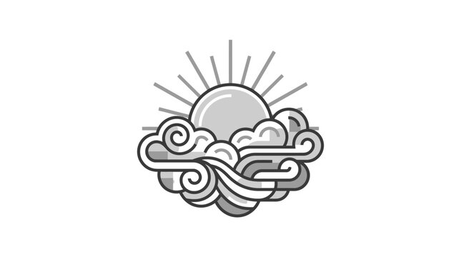 Stylized sun and ocean waves with clouds logo design.