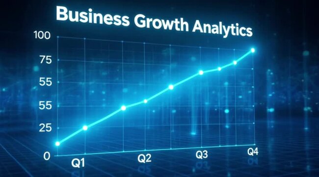 Business growth analytics graph with blue neon line and grid background