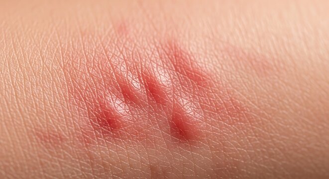 Close up of red inflamed skin with bumps, possibly an allergic reaction or insect bites.