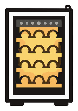 Wine cooler fridge with warm light. Generative AI