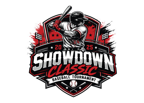 Baseball tournament logo design. Baseball player and championship badge logo. Sports competition emblem illustration