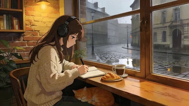 Anime Girl Writing Softly in Cozy Rainy Caf&eacute; by Window with Sleeping Cat and Empty European Street