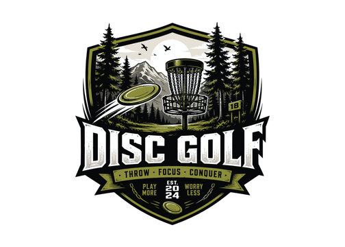 Disc golf logo design. Flying disc and basket sports logo. Disc golf tournament and club emblem illustration