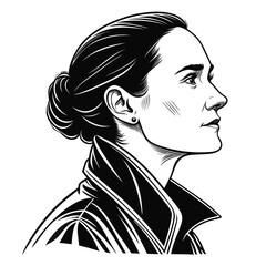 Side profile portrait of a woman with her hair styled in a neat bun, looking ahead with confident gaze and detailed linework in black and white © Ella