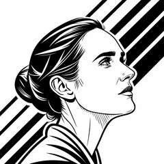 Woman profile portrait with bun hairstyle and striped background in black and white minimalist line art style for modern aesthetic poster design © Ella