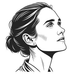 Elegant woman's profile portrait in black and white with her hair in a bun looking upwards with subtle shadows and highlights suggesting contemplation © Ella