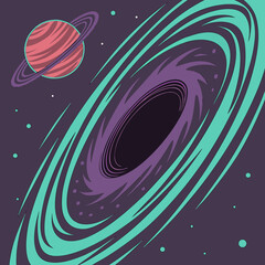 Cosmic galaxy scene with stylized black hole and ringed planet saturn in teal and purple flat illustration style for space exploration concept art © Ella