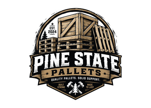 Wood pallets logo design. Wooden pallet supplier and warehouse service logo. Pallet storage and shipping company emblem