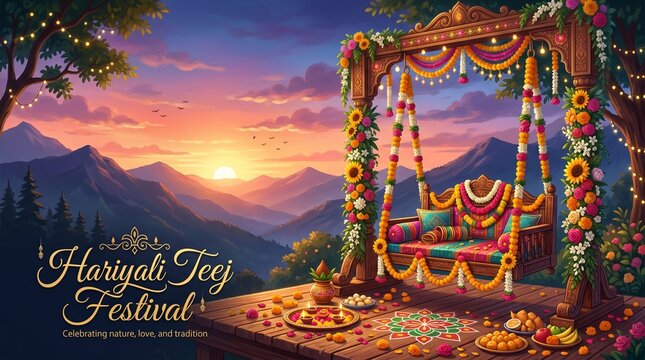 Happy Hariyali Teej Festival Poster Design with A festive beautifully adorned marigold decorated swing (jhula) and diya lamps with intricate floral ... 