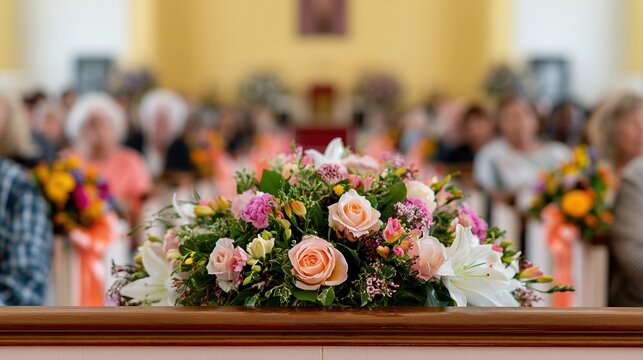 Large mixed floral arrangement with pink roses and white lilies at the front of a chapel for funeral service, memorial tribute and solemn ceremony storytelling