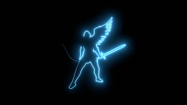 Dark fantasy angel warrior silhouette. Gothic demon knight mythical fighter with wings. Heroic fantasy character. Neon glowing.