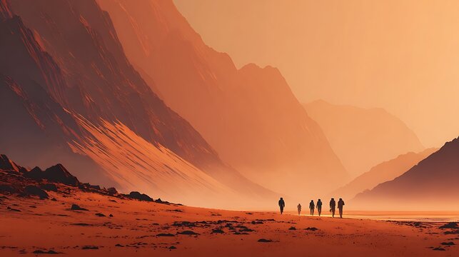 Stylized painting of humans landing on Mars, warm desert colors, epic perspective