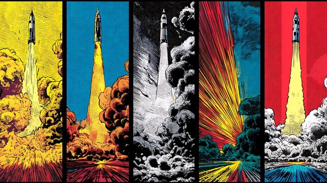 Retro-futuristic rocket launch timeline, comic-book style, bold primary colors, high energy