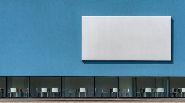 Large blank white billboard mounted on a textured blue exterior wall of a modern building for outdoor advertising, corporate branding and architectural mockup
