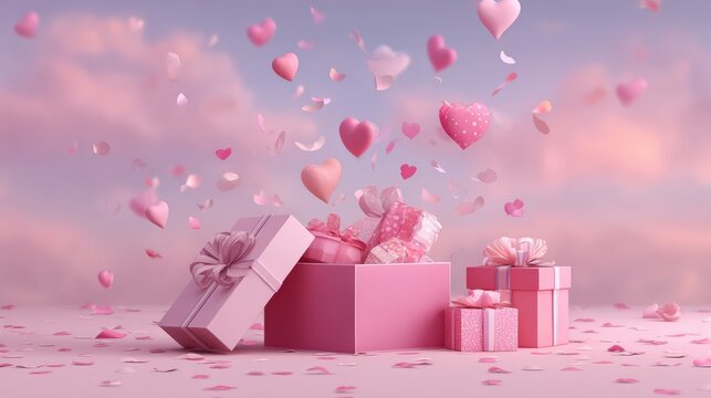 50.High quality 3d illustration of pink Valentine gift boxes, one open with celebratory objects inside, dreamy romantic background, stylish holiday graphic design concept