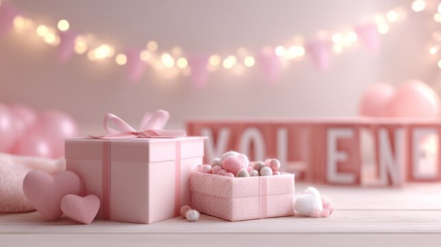 46.Realistic 3d render of pink gift boxes on a romantic background, one open box filled with festive decorative objects, soft lighting, elegant Valentine&acirc;&euro;&trade;s Day banner design