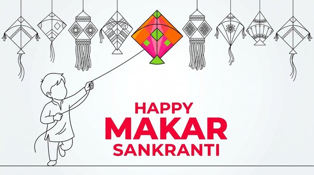 Happy Makar Sankranti Vector Banner with Line Art Boy Flying Colorful Kite and Traditional Hanging Lanterns Background