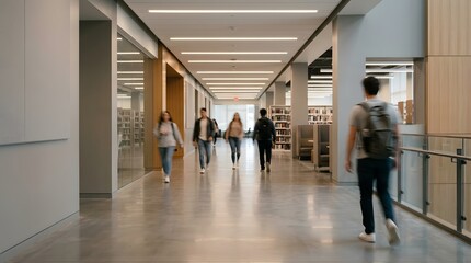 Fototapeta premium Students Walking in Modern University Library Hallway