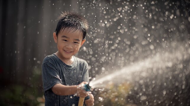 17.Cute young Asian boy splashing water from a hose in a backyard, cheerful expression, dynamic water droplets, outdoor lifestyle and playful summer scene