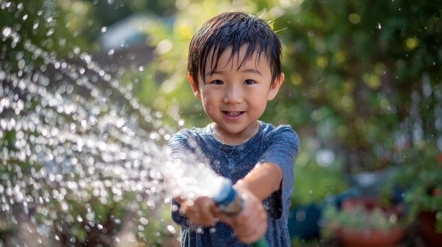 17.Cute young Asian boy splashing water from a hose in a backyard, cheerful expression, dynamic water droplets, outdoor lifestyle and playful summer scene