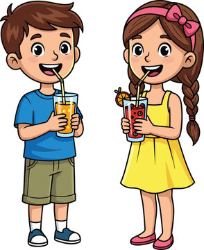 Cartoon boy and girl drinking juice, summer refreshment, cute children holding drinks, healthy lifestyle, colorful vector illustration, smiling faces.
