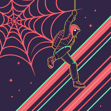 Superhero swinging on spider web wearing mask and backpack abstract background with neon lines and stars vector illustration