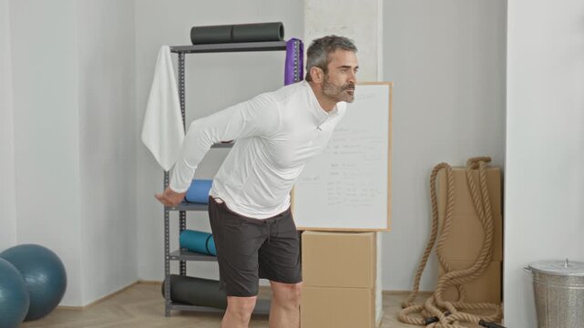 Man bending forward with hands clasped behind back in studio performing a hamstring stretch among exercise balls, thick ropes, a storage shelf, whiteboard and cardboard boxes; focus.