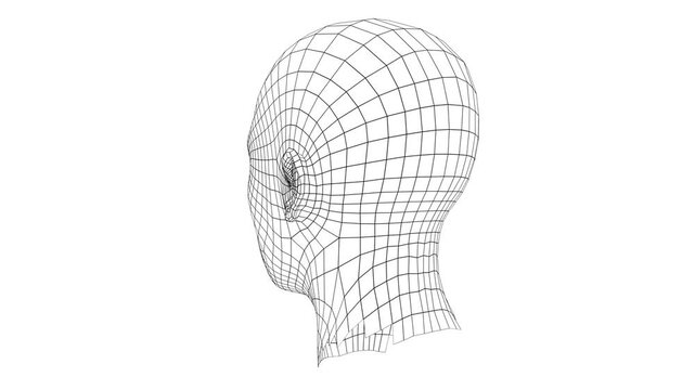 A futuristic wireframe human head representing AI, data, and digital consciousness. Human face structure made of grid. Biometrics, facial recognition and cyber security concept.