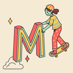Cool character riding skateboard while pushing large 3d letter m graphic featuring yellow and red isometric typography with stars and clouds art