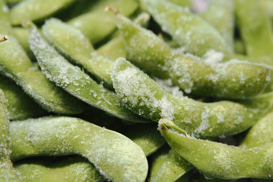 Frozen edamame ready for cooking and eating in a meal