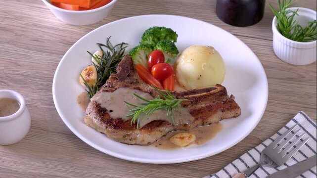 Grilled pork chop steak with baked potatoes, tomatoes and Broccoli, carrot on white plate