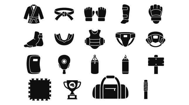 Karate Equipment Black and White Flat Icon Pack 2