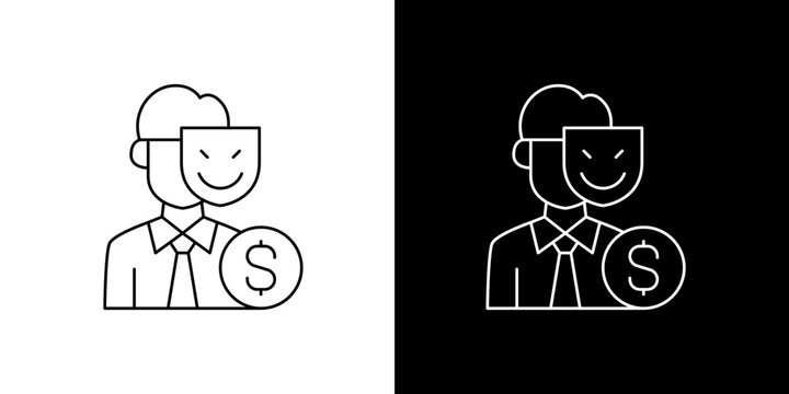 Business fraud icon with a man wearing a smiling mask and a dollar sign representing deception and financial dishonesty