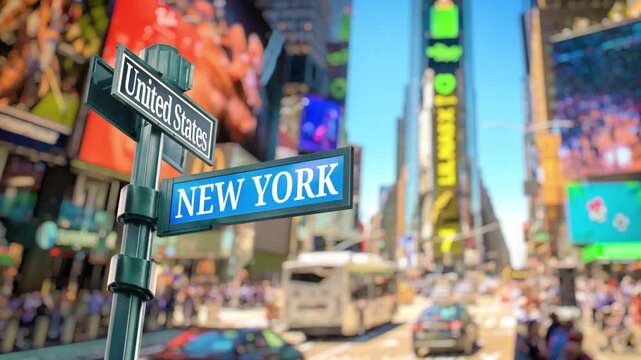 New York City Times Square Timelapse. Selective focus of travel sign United States and New York with real timelapse from raw photos. Bustling city with dazzling LED digital billboards and busy people
