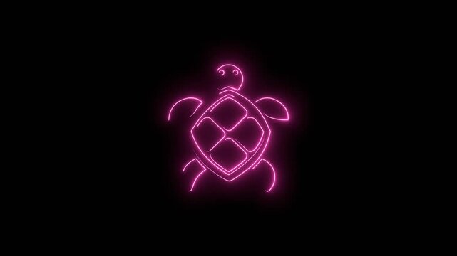 Sea turtle animal icon. Silhouette in thin lines minimalist style, emblem for the menu of the seafood restaurant. Neon glowing.