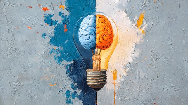 An oil painting of a glowing light bulb with a human brain inside, textured brush strokes, half blue and half orange